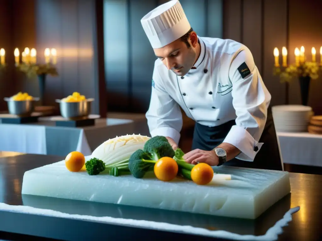 Un chef francés talla con precisión un bloque de hielo rodeado de esculturas vegetales detalladas