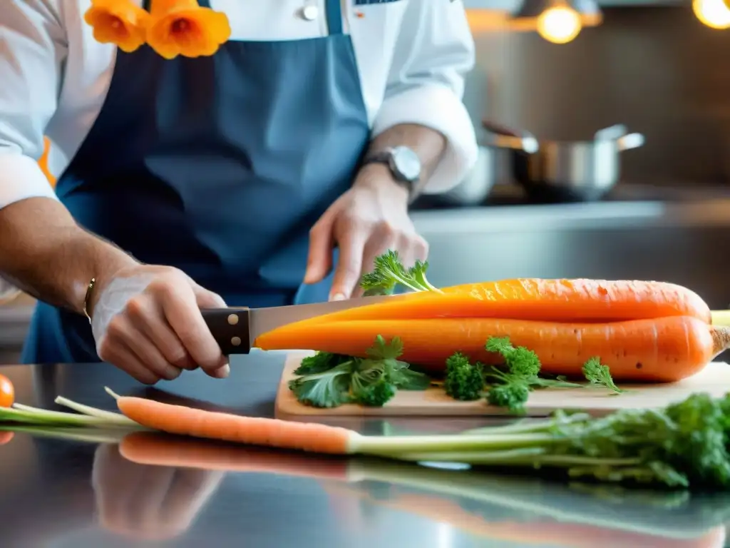 Un chef francés talla con precisión una flor en una zanahoria, mostrando la evolución del tallado en gastronomía francesa