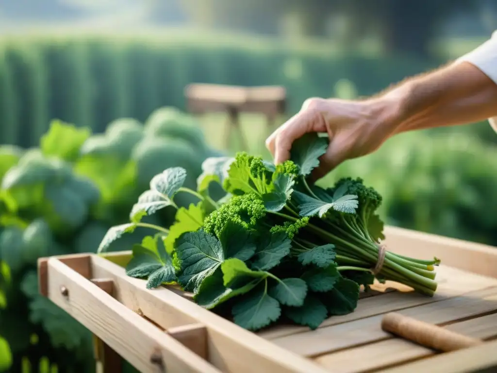 Un chef selecciona cuidadosamente tallos de angélica en un jardín francés soleado