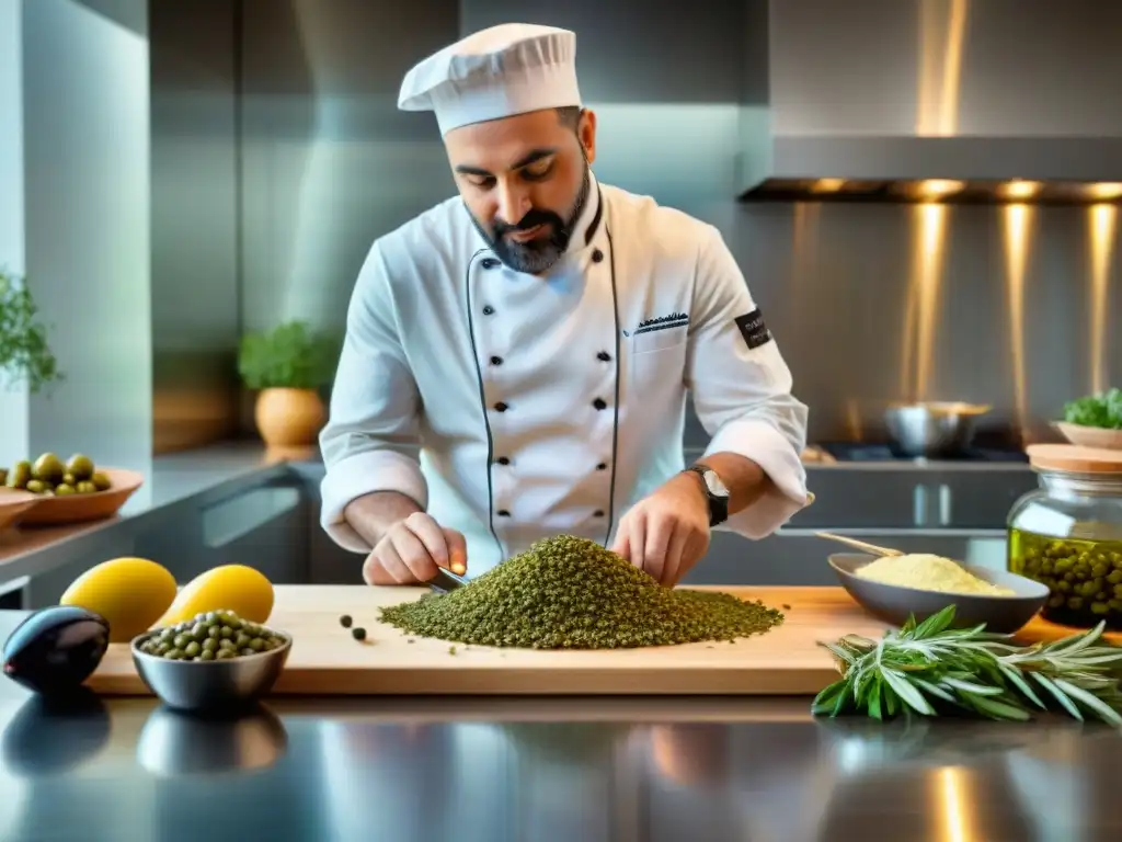 Chef preparando tapenade en cocina moderna, evolución de receta tradicional en vibrantes colores