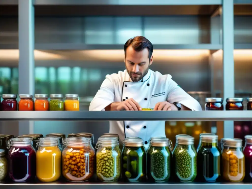 Un chef francés examina con atención tarros de fermentación en cocina francesa