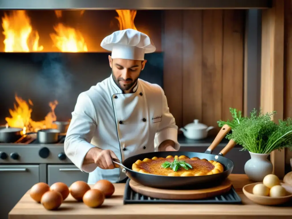 Chef preparando una Tarta de Cebolla Alsaciana en cocina francesa tradicional