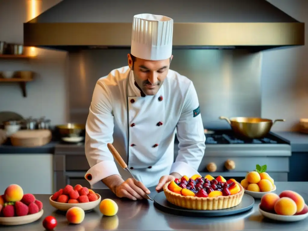 Chef francés preparando una tarta de frutas en cocina del Valle del Loira