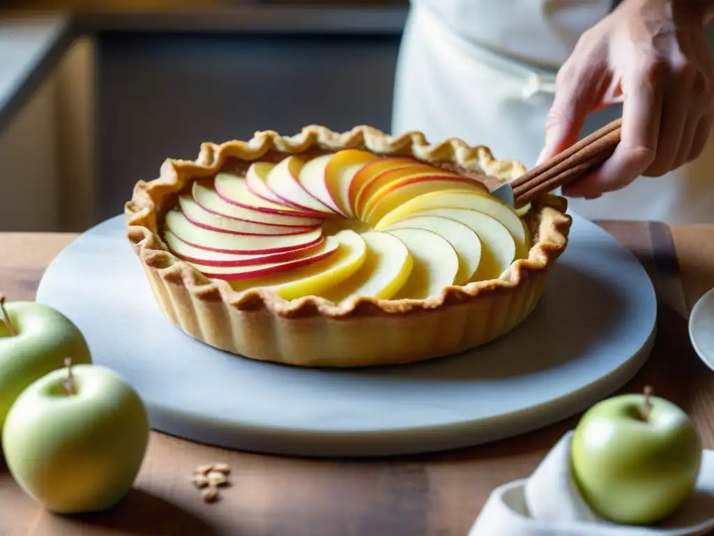 El chef prepara con maestría una tarta de manzana normanda en una cocina francesa