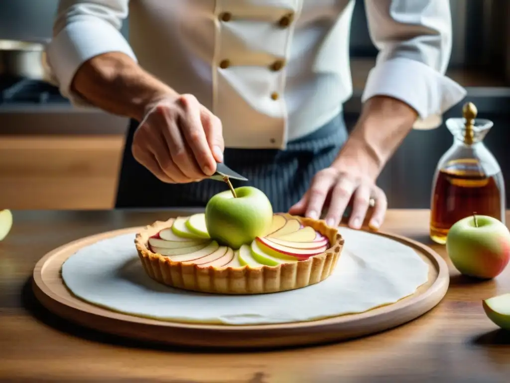 Un chef francés crea una Tarte Normande con manzanas y calvados en una cocina rústica