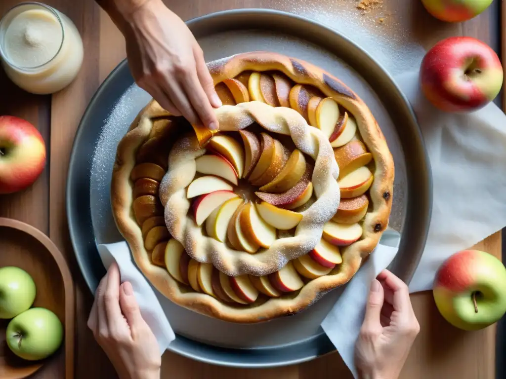 Chef pastelero preparando tarta de manzana en cocina francesa Un chef preparando una Tarte Tatin receta tradicional en una cocina rústica francesa