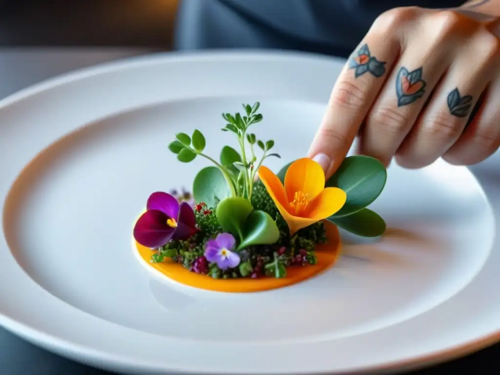 Un chef con tatuajes intrincados arma un plato vibrante y colorido en un elegante plato blanco en una cocina de restaurante