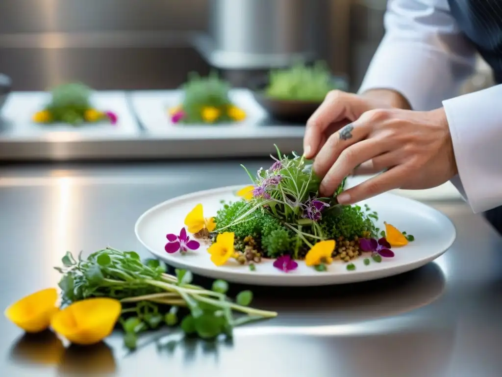 Un chef con tatuajes elabora un plato francés en cocina estrellada, fusionando tradición e innovación culinaria