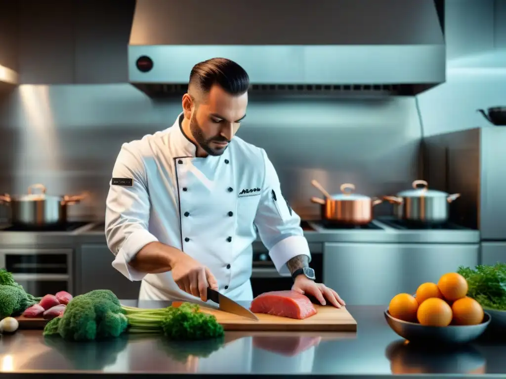 Un chef francés usa la técnica Sousvide en una cocina elegante, transmitiendo precisión y arte culinario