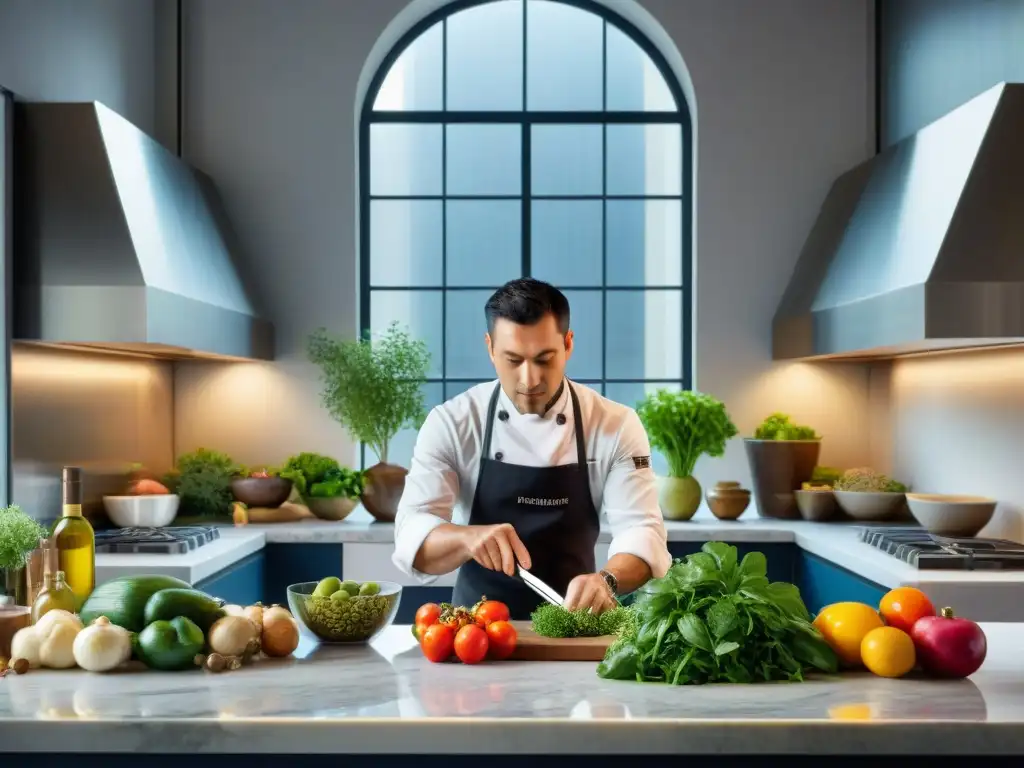 Un chef francés innova con técnicas asiáticas, creando un plato único en una cocina moderna y elegante