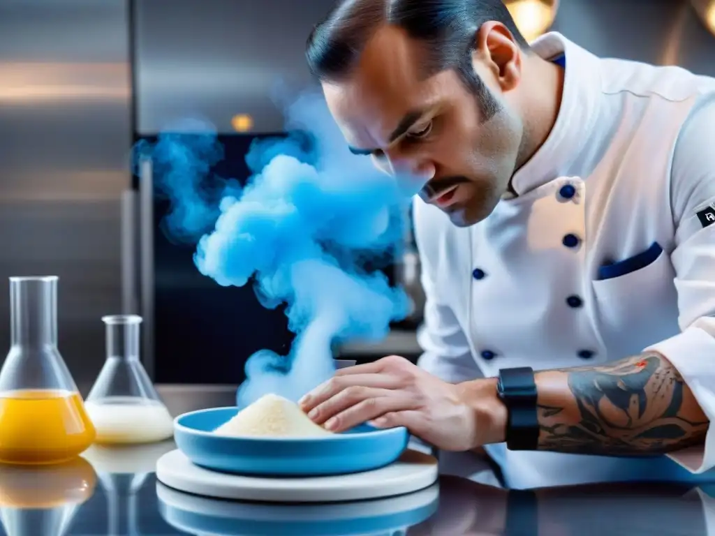 Un chef francés utiliza técnicas de gastronomía molecular en una cocina moderna, fusionando arte culinario y precisión científica