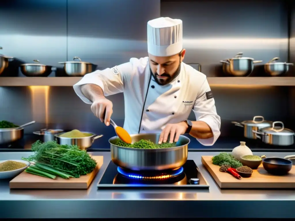 Un chef francés fusiona técnicas de cocina tradicional con ingredientes globales en un elegante y moderno ambiente de cocina