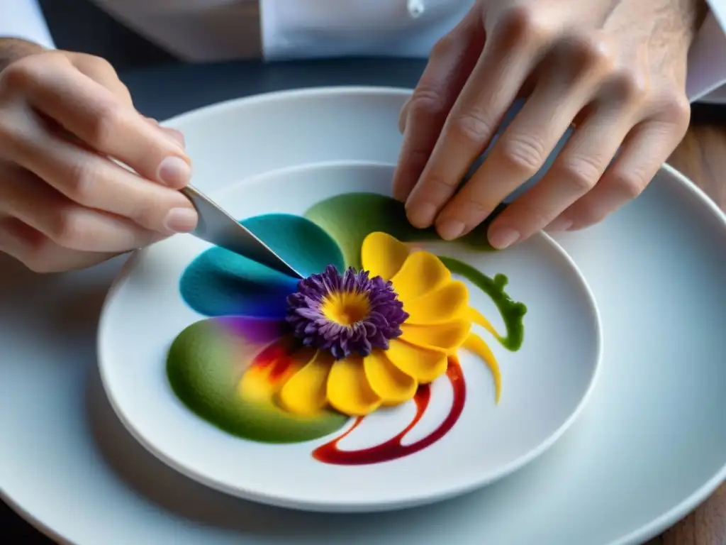 Un chef hábil fusiona técnicas culinarias francesas innovadoras con arte abstracto en una presentación gastronómica excepcional