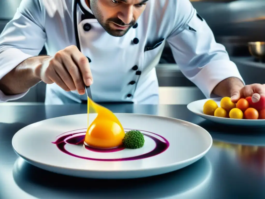 Un chef francés usa técnicas culinarias innovadoras para crear arte culinario abstracto en una cocina moderna y futurista