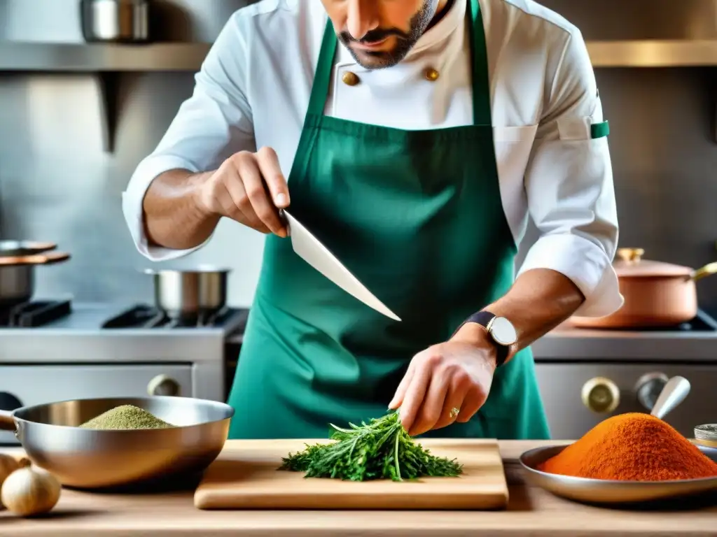 Un chef hábil fusionando técnicas culinarias italianas y francesas en una cocina rústica