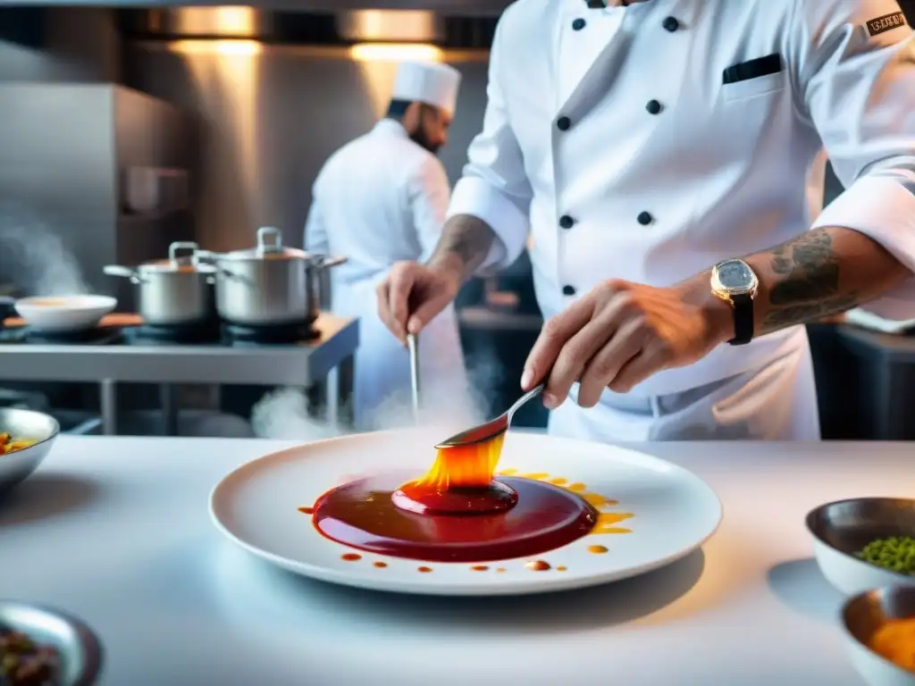 Un chef francés aplica con precisión técnicas culinarias en un plato blanco en una cocina profesional