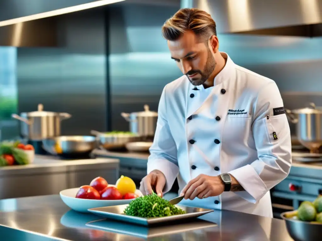 Un chef fusionando técnicas francesas con ingredientes locales en platos de fusión culinaria francesa