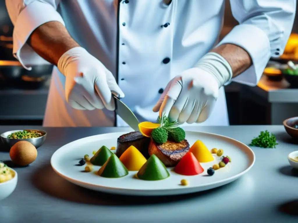 Un chef aplica técnicas francesas para presentación al arreglar con precisión coloridos platillos en un plato blanco