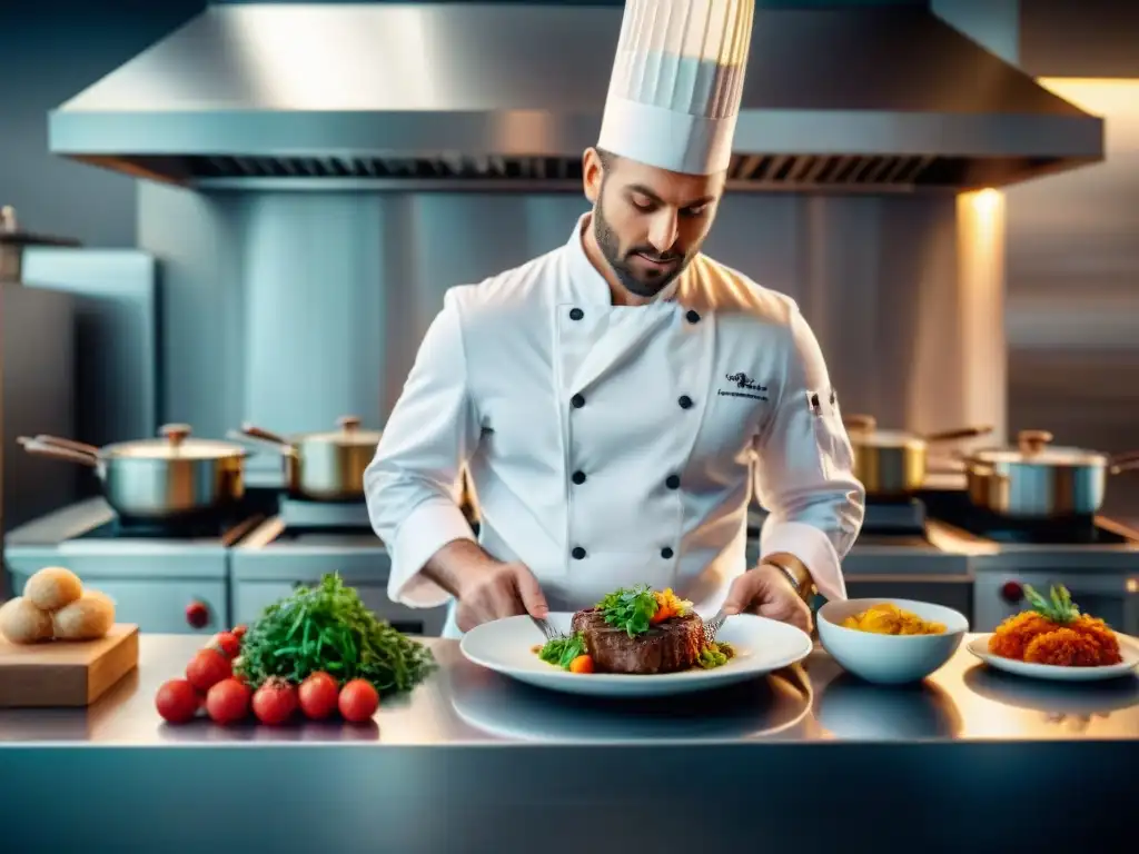 Un chef hábil fusiona técnicas francesas tradicionales con enfoques culinarios innovadores en una cocina moderna