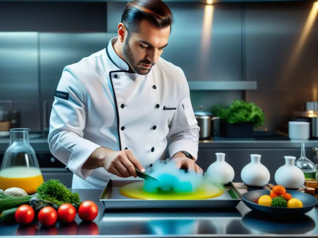 Chef de técnicas moleculares gastronomía francesa creando plato innovador en cocina moderna