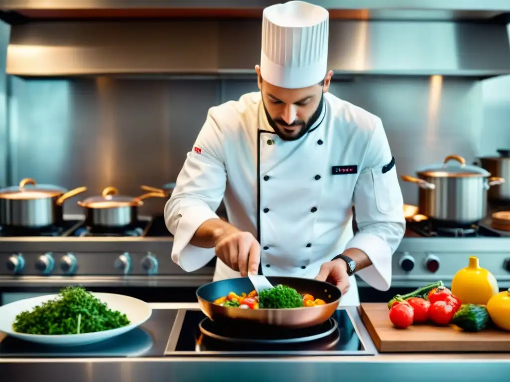 Un chef francés hábil combina tecnología en una cocina parisina, fusionando tradición y progreso culinario