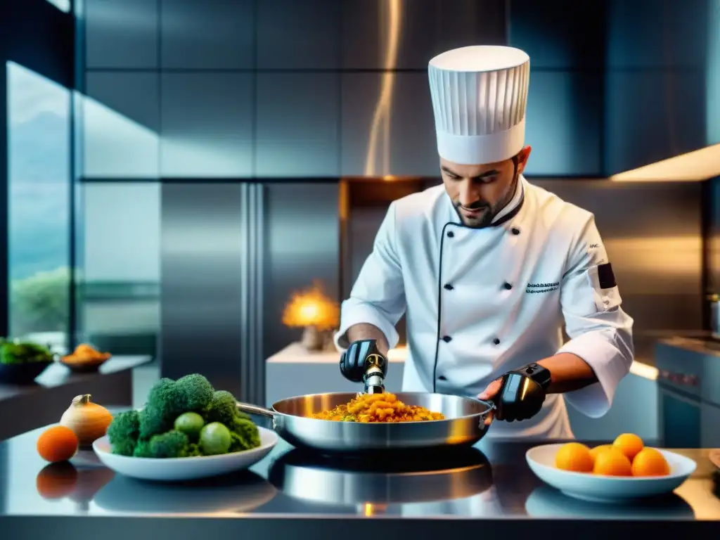 Un chef francés usa tecnología en la cocina para preparar un plato clásico con precisión en un entorno moderno y futurista