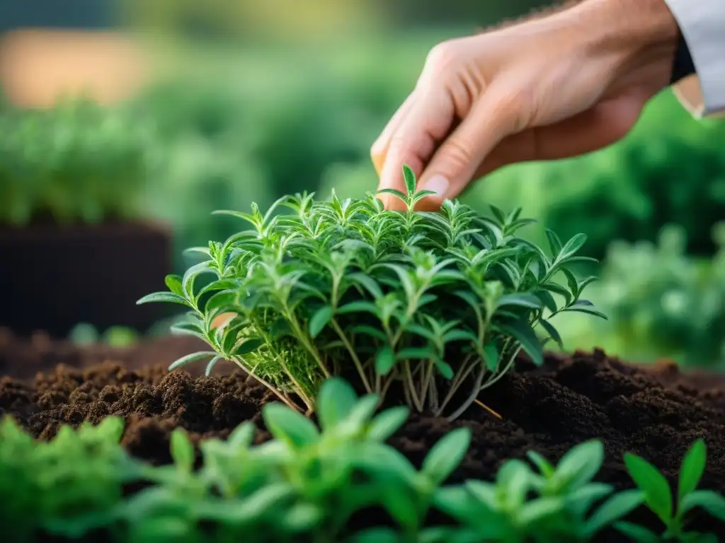 Un chef recolecta tomillo francés en un jardín soleado, resaltando la frescura y tradición culinaria