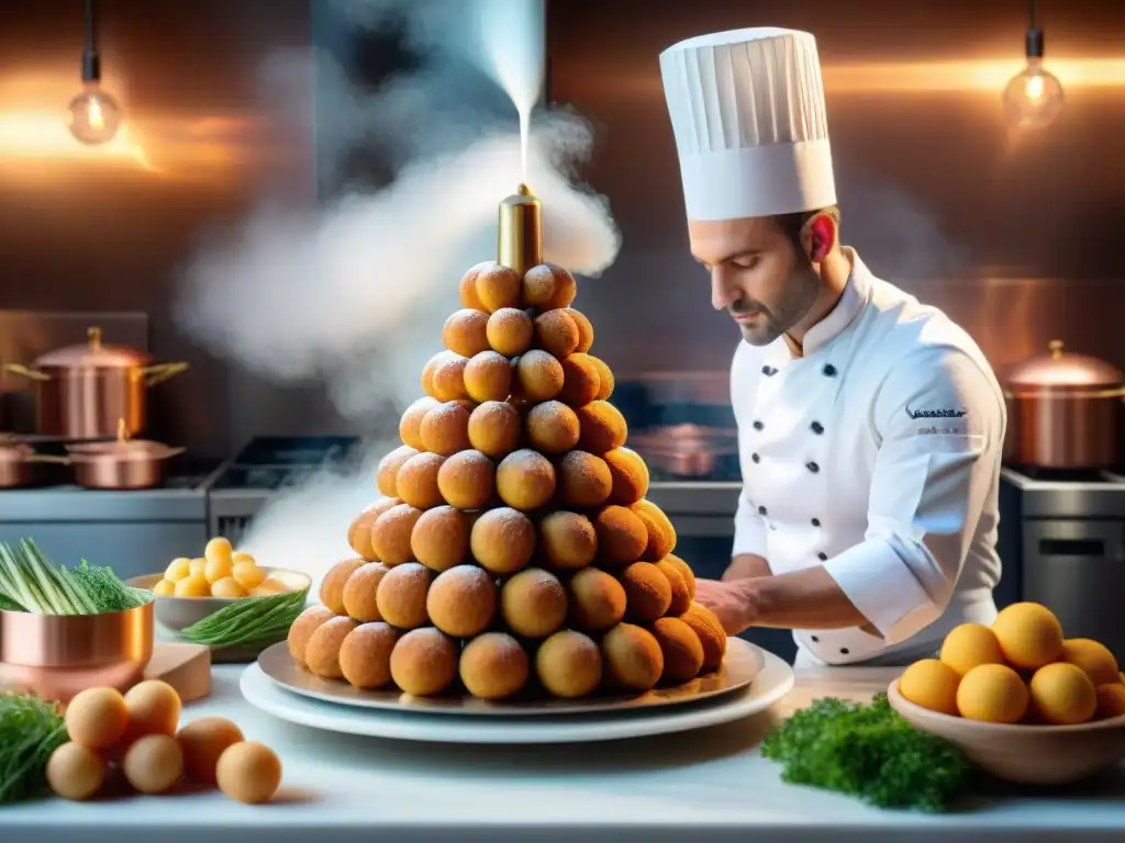 Un chef francés crea una torre de croquembouche en una cocina profesional, destacando la cocina francesa tradicional innovadora