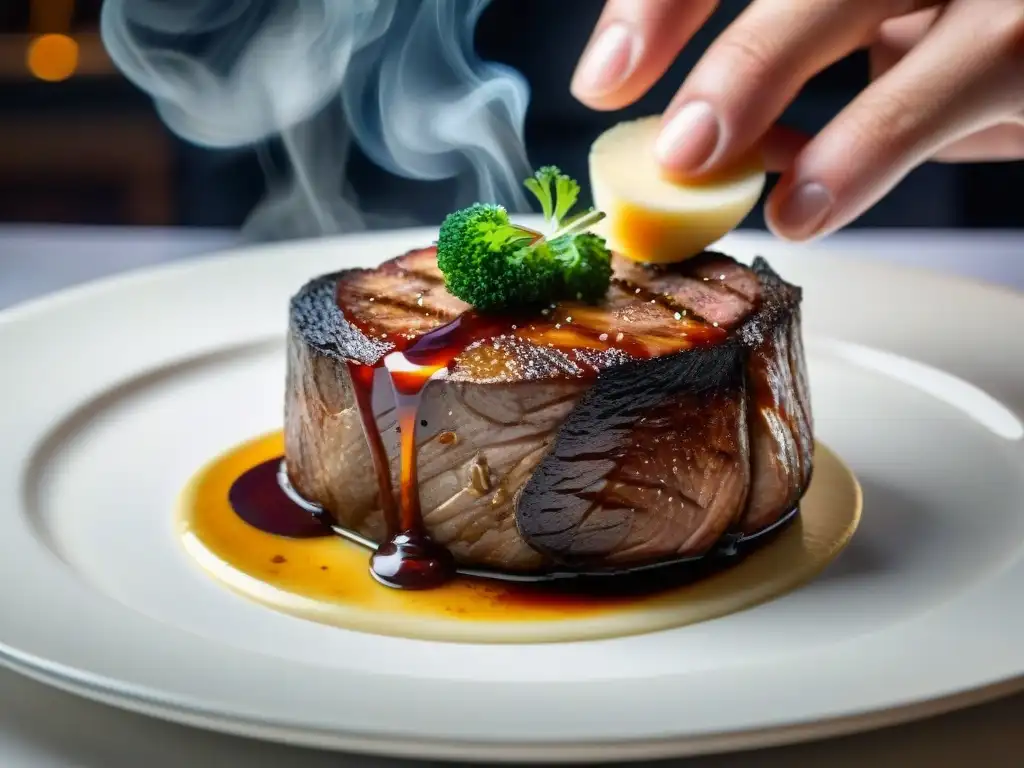 Chef preparando un Tournedos Rossini, destacando el foie gras y filete, con partituras de ópera de fondo