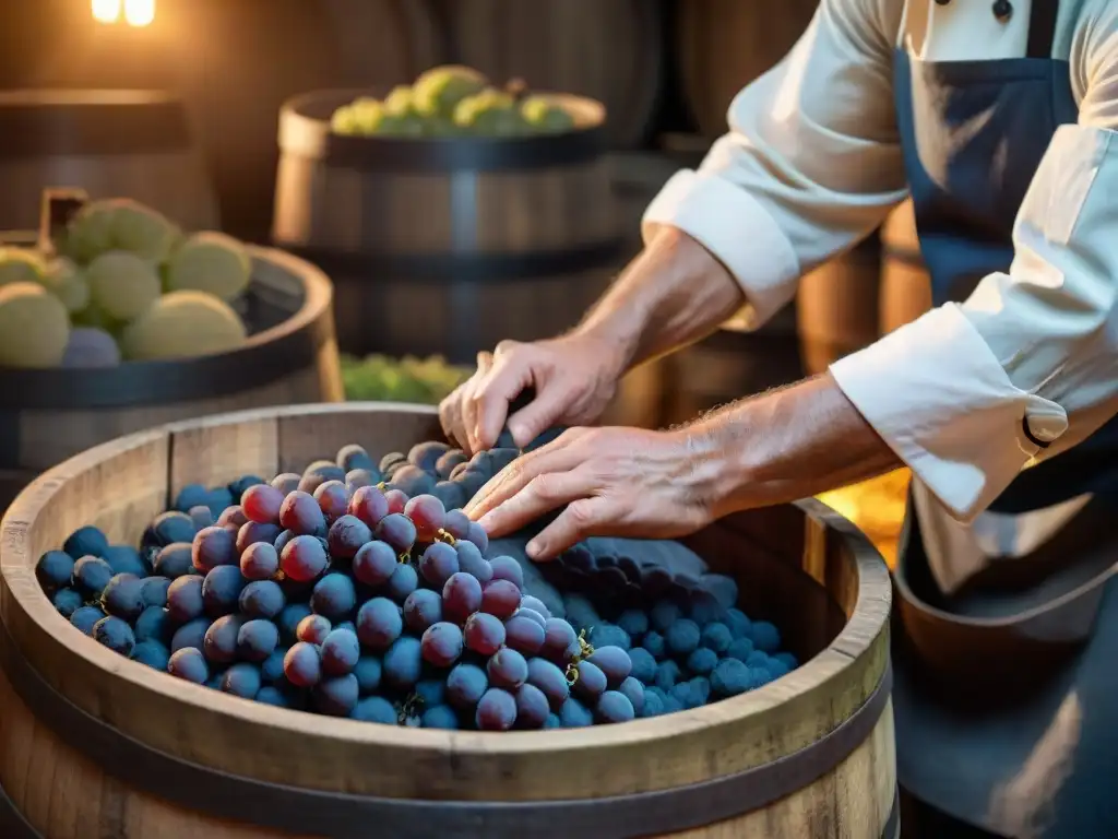 Un chef francés tradicional practicando la fermentación con precisión en bodega iluminada por velas, evocando una antigua tradición sostenible