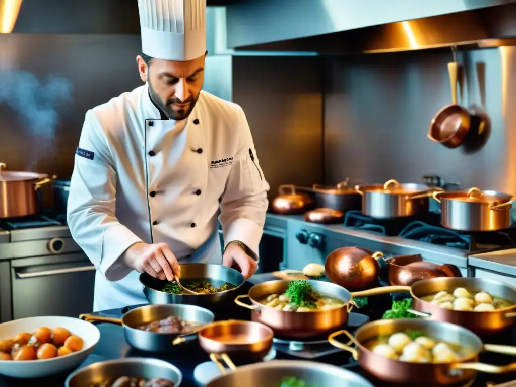 Un chef tradicional de Borgoña en una bulliciosa cocina de RódanoAlpes preparando Coq au Vin