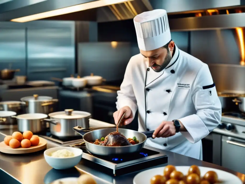 Un chef francés tradicional utiliza un brazo robótico en la cocina para preparar un Coq au Vin