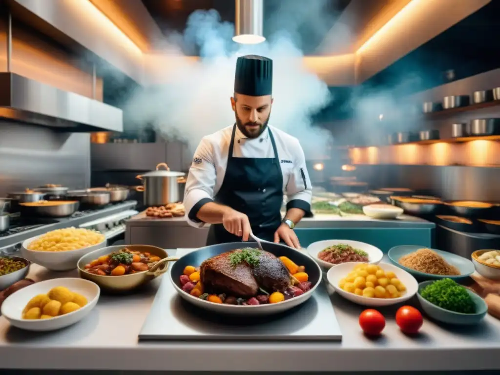 Un chef francés tradicional en una cocina moderna con realidad aumentada, fusionando la gastronomía francesa con tecnología innovadora