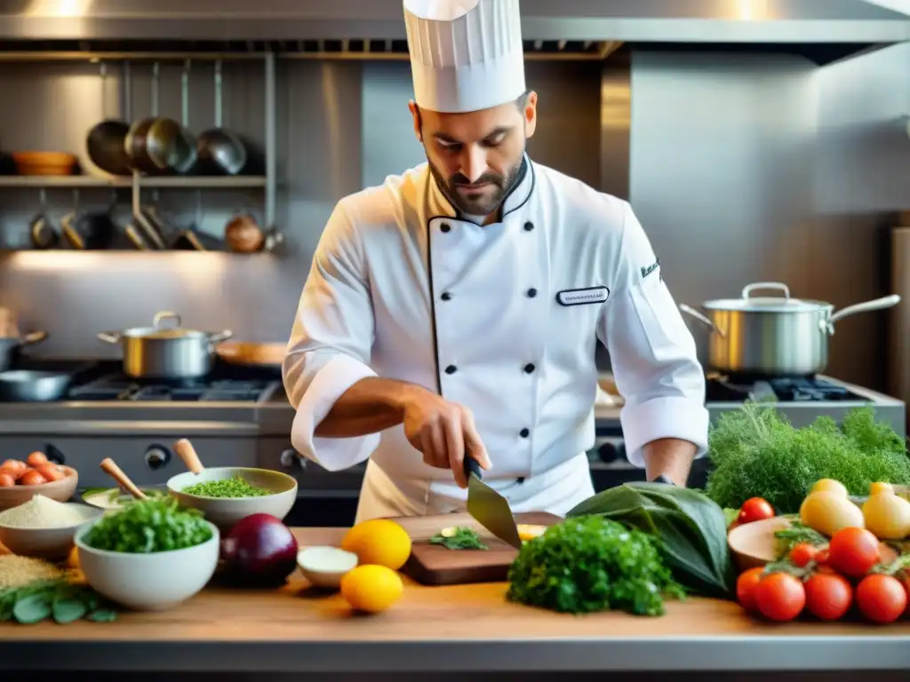 Un chef francés tradicional prepara con innovación en una cocina rústica