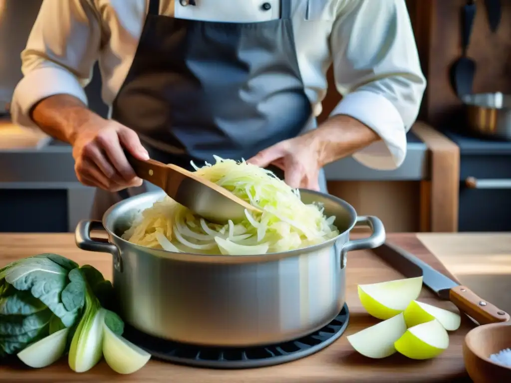 El chef francés prepara con maestría chucrut tradicional en una cocina rústica