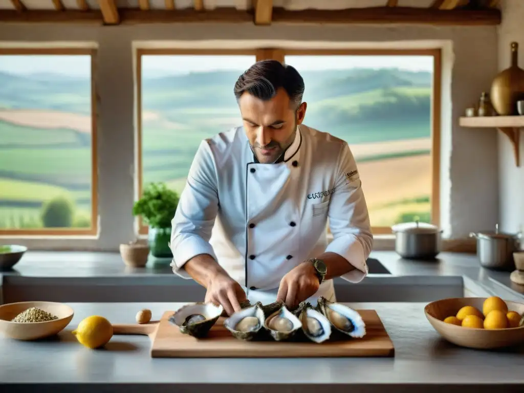 Un chef francés tradicional en una cocina rústica en PoitouCharentes, abriendo ostras frescas