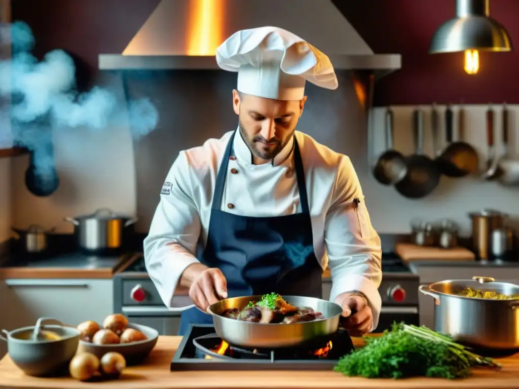 Un chef francés tradicional prepara Coq au Vin en una cocina rústica