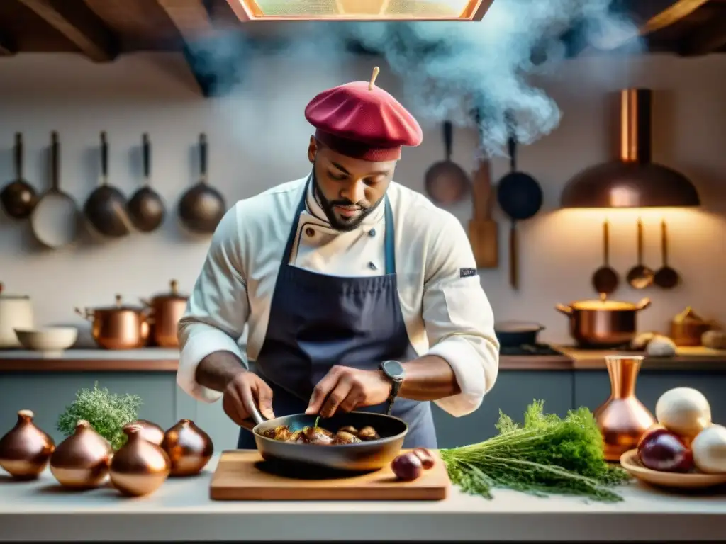 Un chef francés tradicional preparando coq au vin en una cocina rústica llena de ingredientes frescos y utensilios de cobre