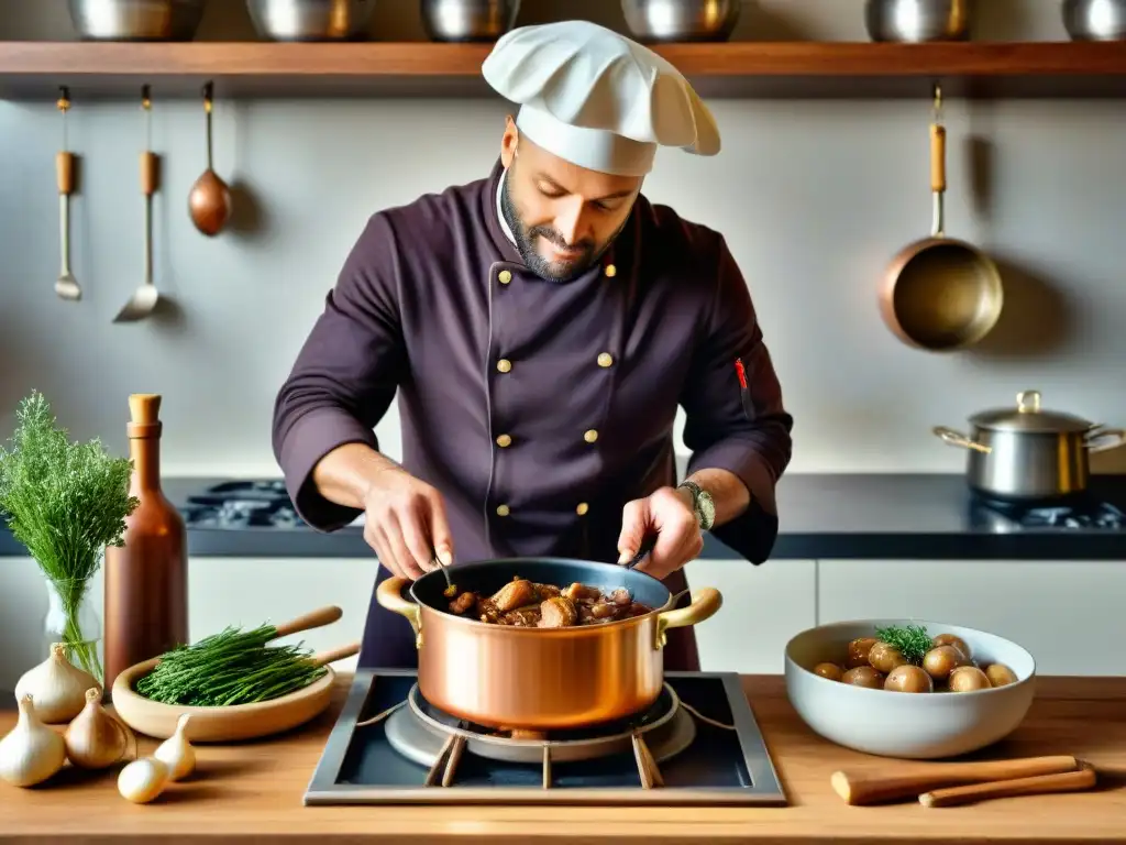 Un chef francés tradicional preparando Coq au Vin en una cocina rústica moderna