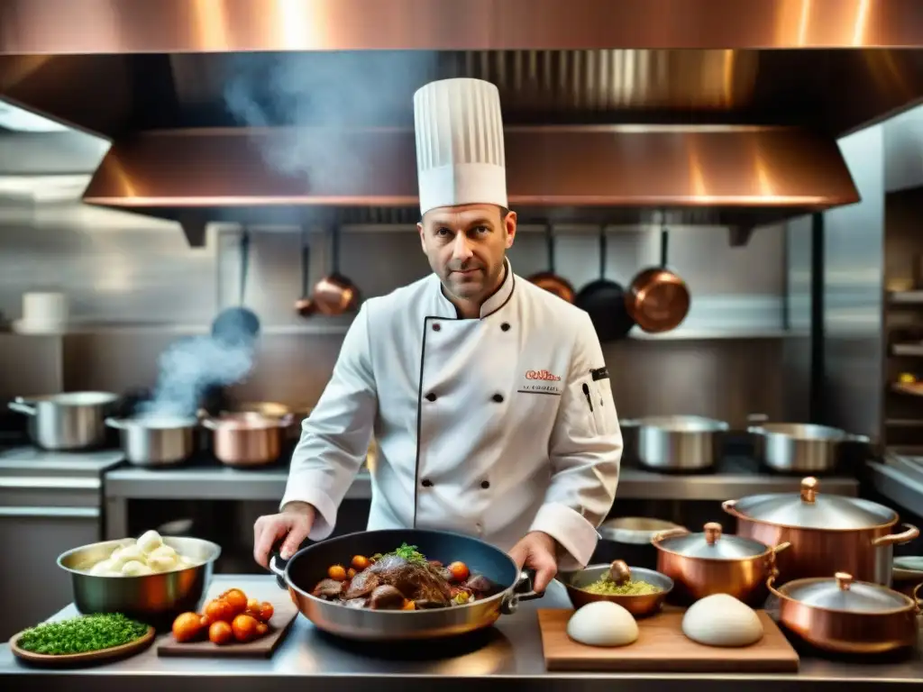 Un chef francés tradicional preparando Coq au Vin en una cocina parisina, reflejando la precisión y arte culinario