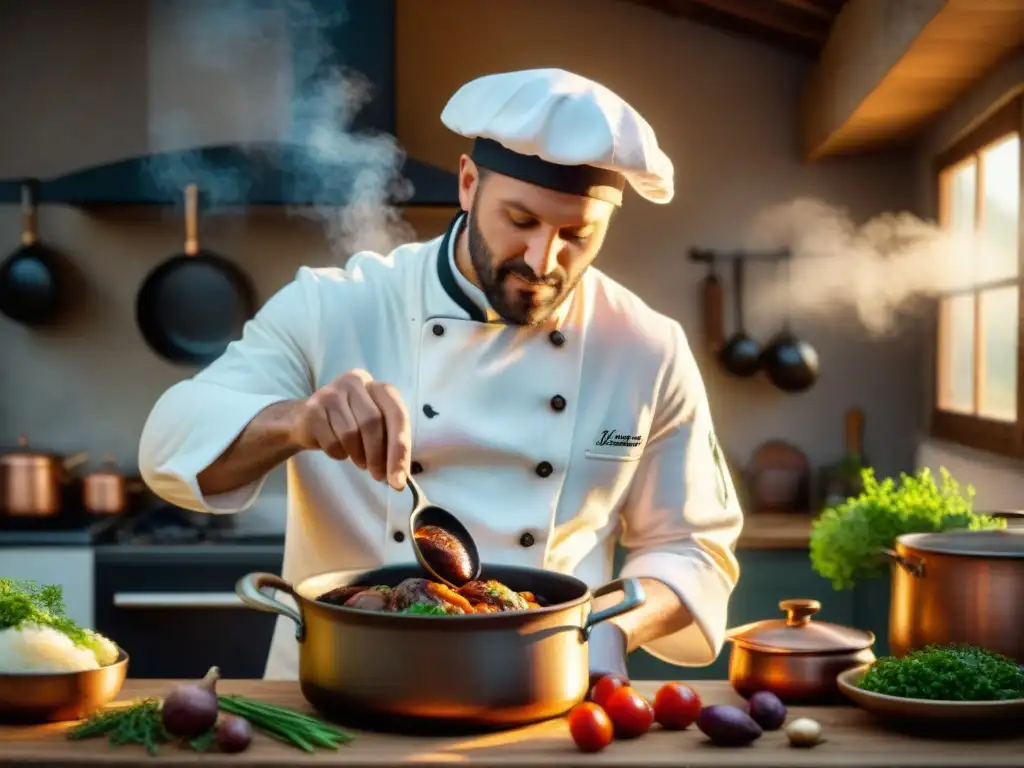 Un chef francés tradicional preparando Coq au Vin en una cocina campestre