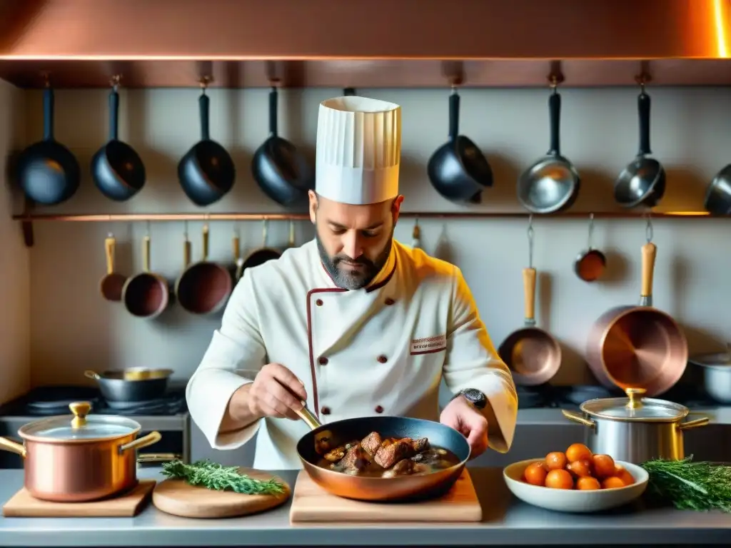 Un chef francés tradicional prepara Coq au Vin en cocina elegante, evocando la gastronomía francesa tradicional y moderna