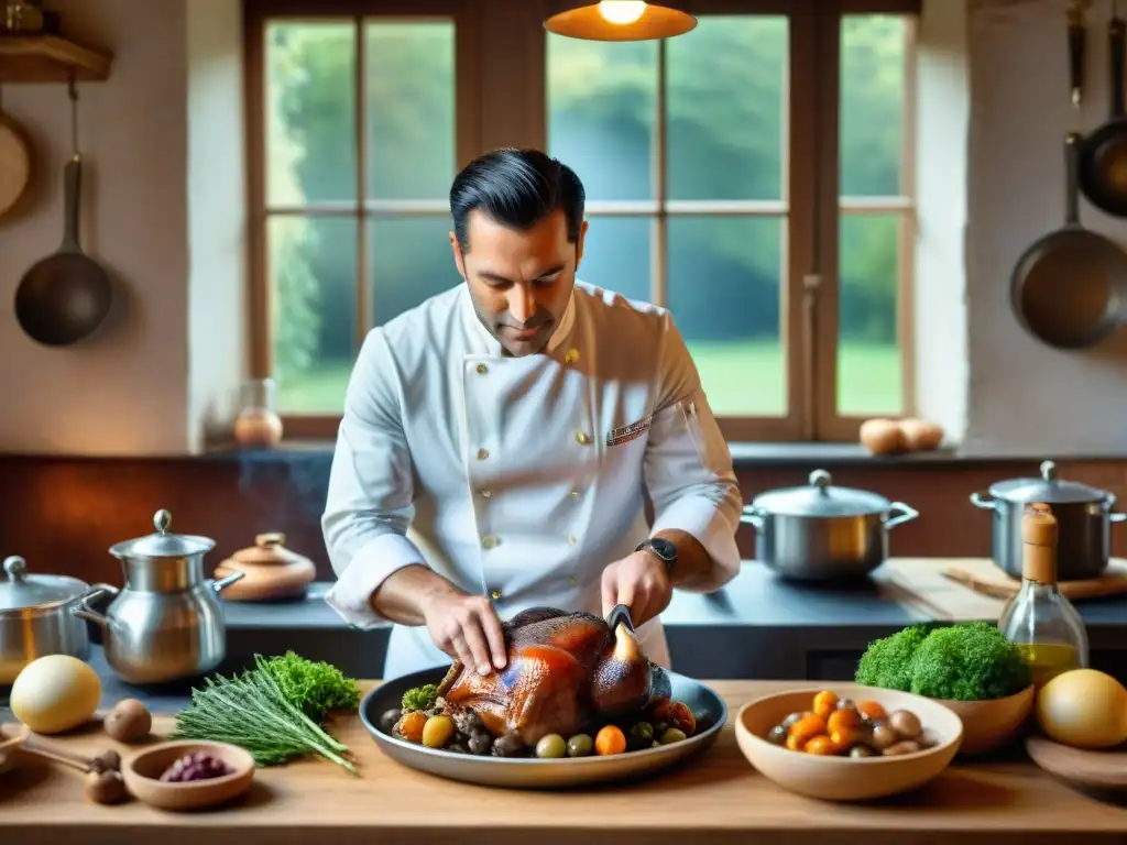 Chef francés preparando Coq au Vin en cocina encantadora Un chef francés tradicional preparando Coq au Vin en una cocina encantadora, reflejando maestría culinaria y dedicación