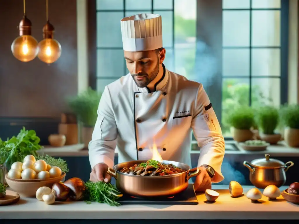 Un chef francés tradicional preparando Coq au Vin en una cocina parisina