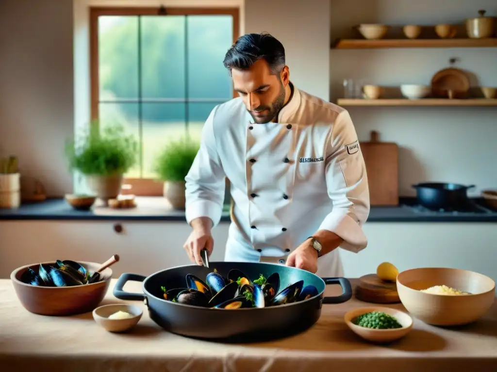 Un chef tradicional preparando con destreza Moules à la crème normande en una cocina rústica francesa