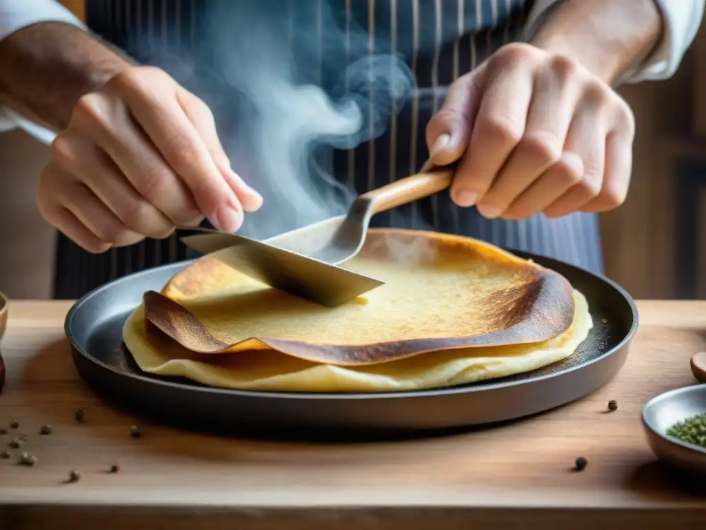 Un chef bretón tradicional experto en crepas de trigo sarraceno, en una cocina rústica francesa