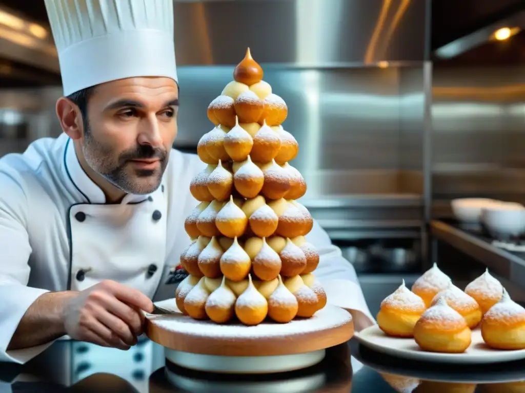 Un chef francés tradicional experto en croquembouche, capturando la esencia de las Aplicaciones de recetas tradicionales francesas