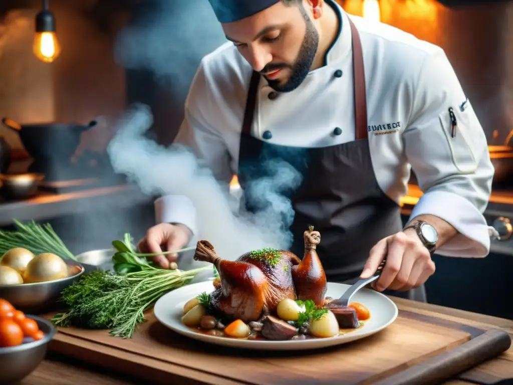 Un chef francés tradicional adorna un exquisito Coq au Vin en una cocina rústica