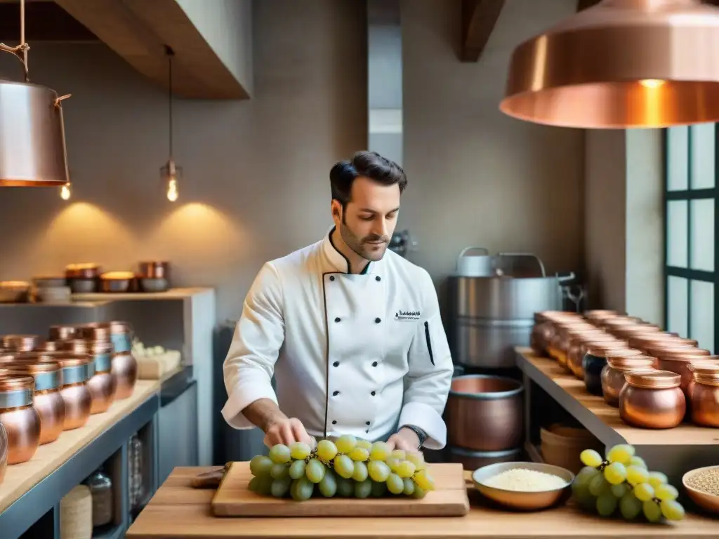 Un chef francés tradicional supervisando la fermentación de vino en una cocina parisina, con estudiantes culinarios