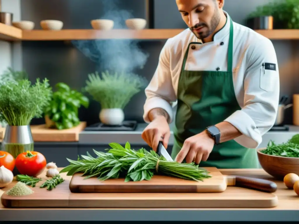 Un chef francés tradicional cortando hierbas frescas con destreza en una cocina soleada